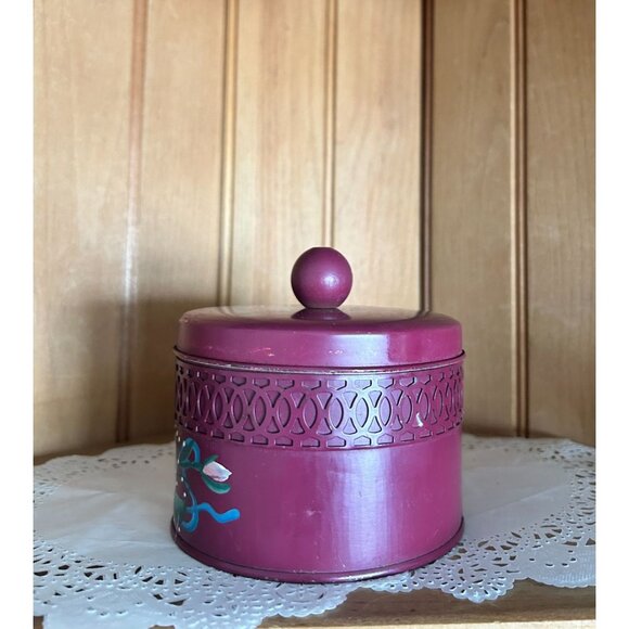 Vintage Hand-Painted Floral Decorative Toleware Lidded Tin Box Cannister Vanity - Picture 2 of 7